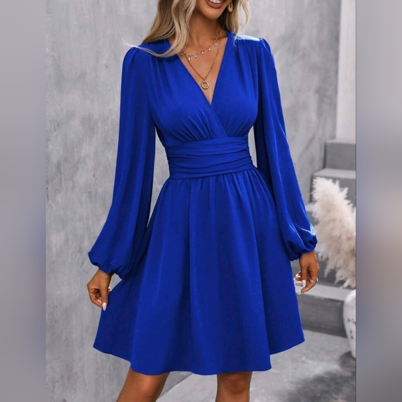 NEW Chic Ruched Waist Lantern Sleeve Dress Royal Blue - Picture 1 of 9